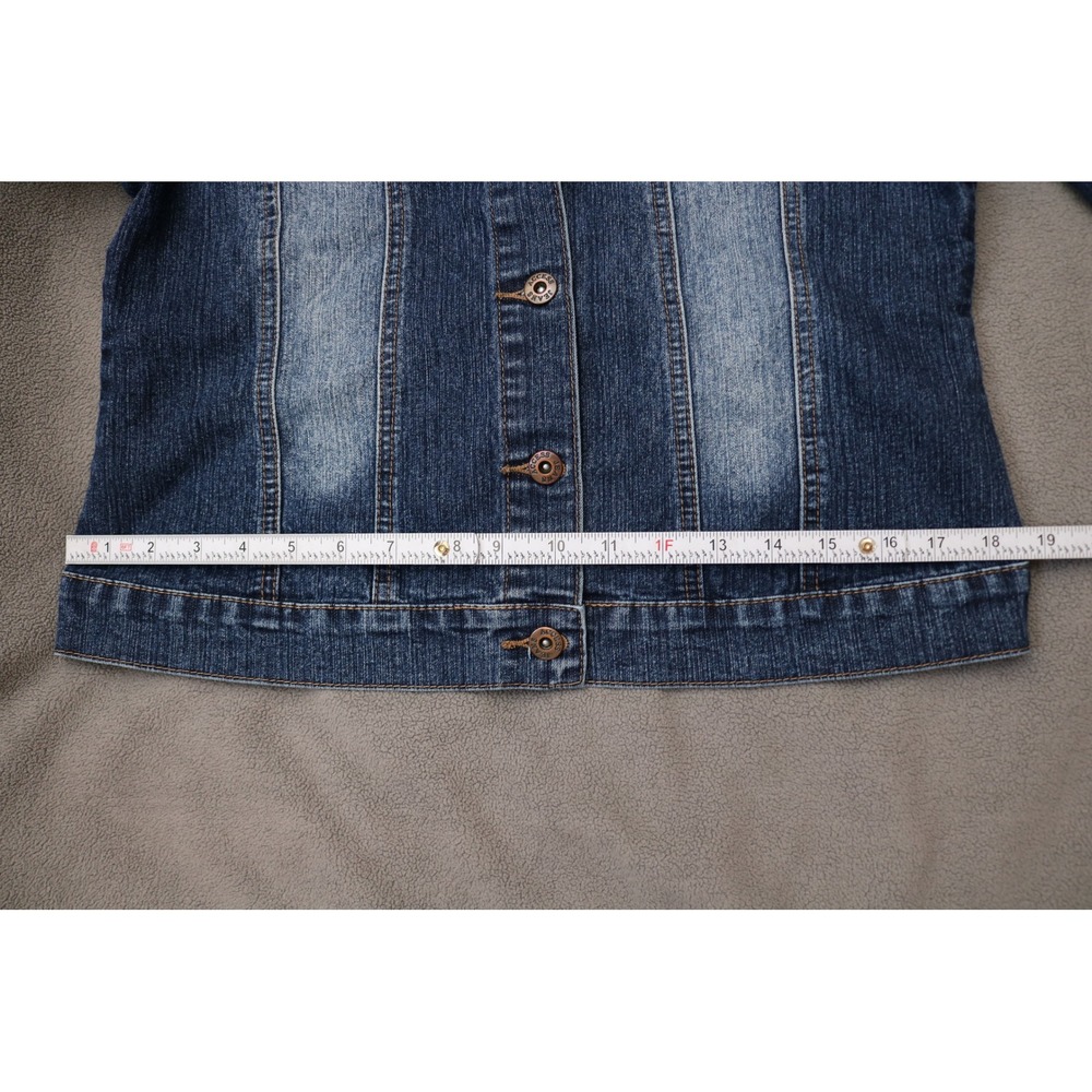 AC3998 Faded Denim Trucker Jacket Women Large Blue Stretch Buttons Casual 90s - Picture 4 of 15